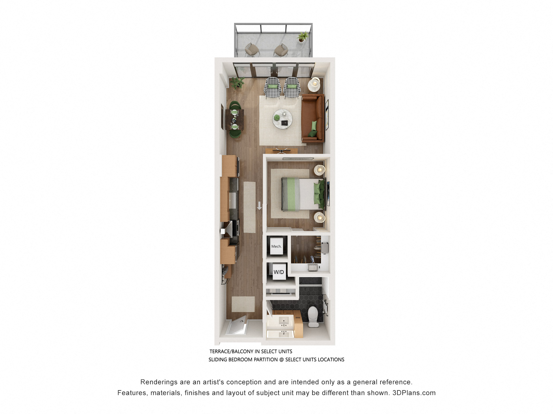 Floor plan for 1 bed, 1 bath, 634 sqft